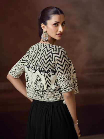 Black Chinon Silk Palazzo Suit with Embroidered Jacket Crop top palazzo set Anant Tex Exports Pvt.Ltd..
