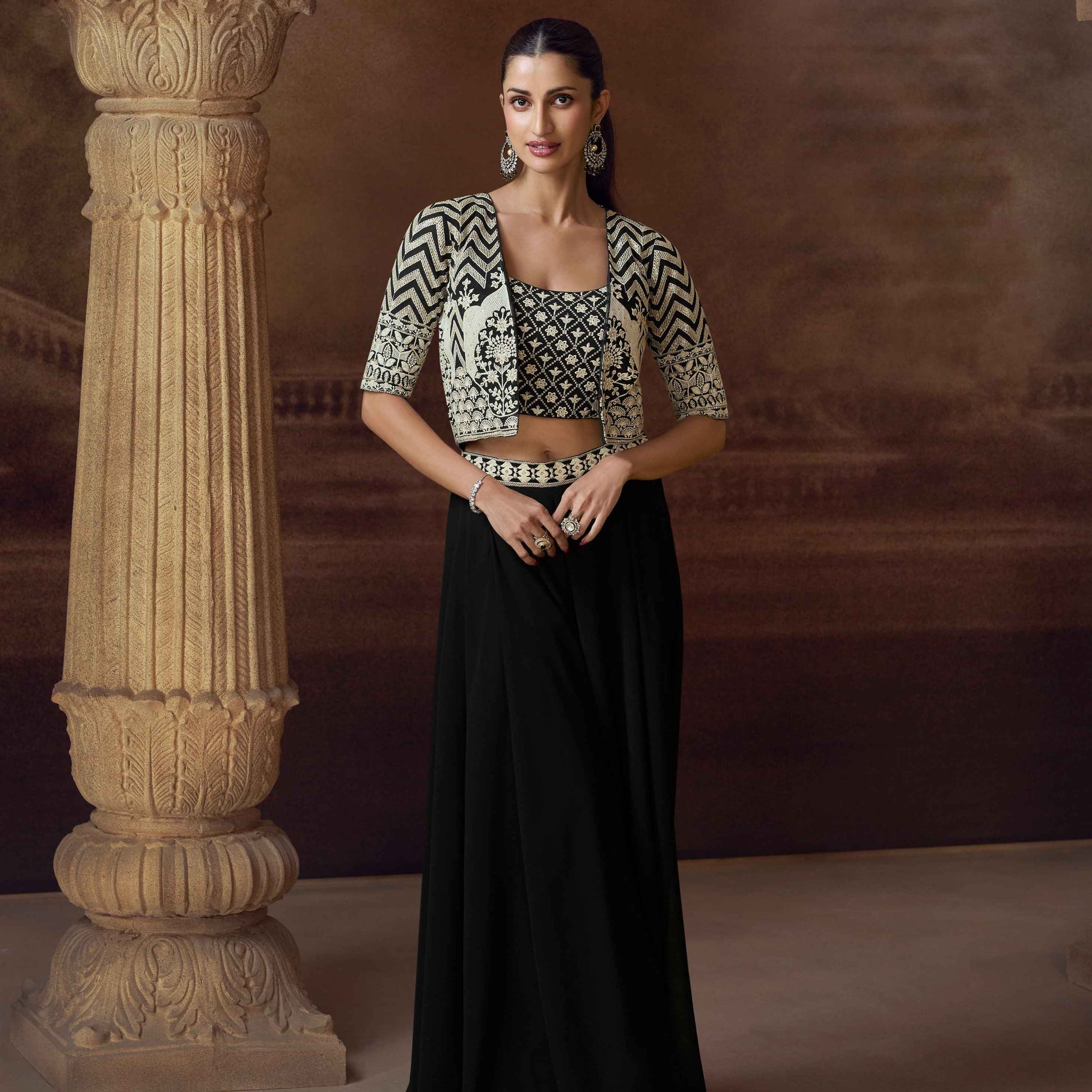 Black Chinon Silk Palazzo Suit with Embroidered Jacket