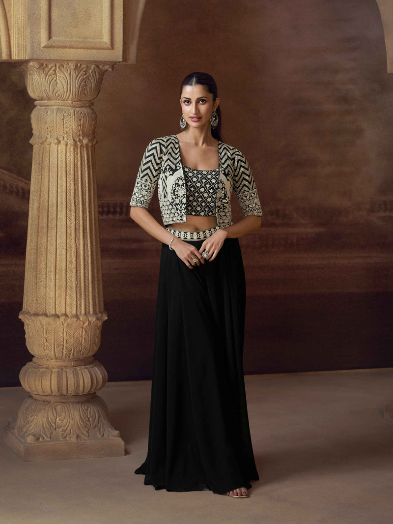 Black Chinon Silk Palazzo Suit with Embroidered Jacket