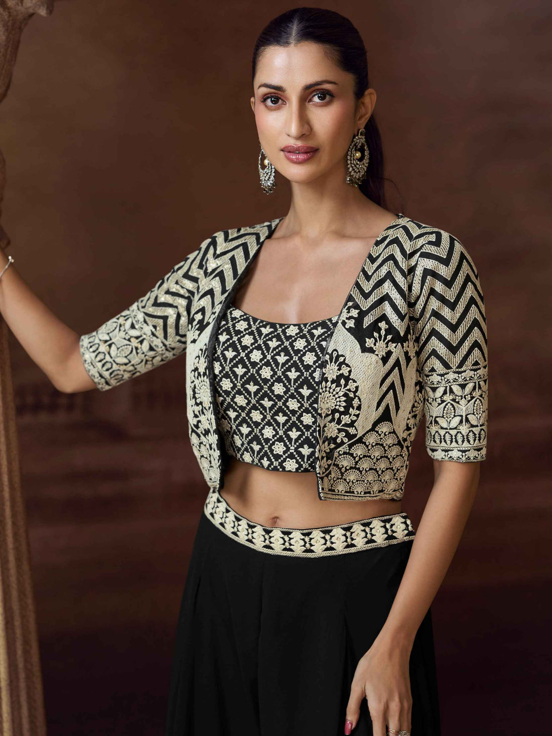 Black Chinon Silk Palazzo Suit with Embroidered Jacket