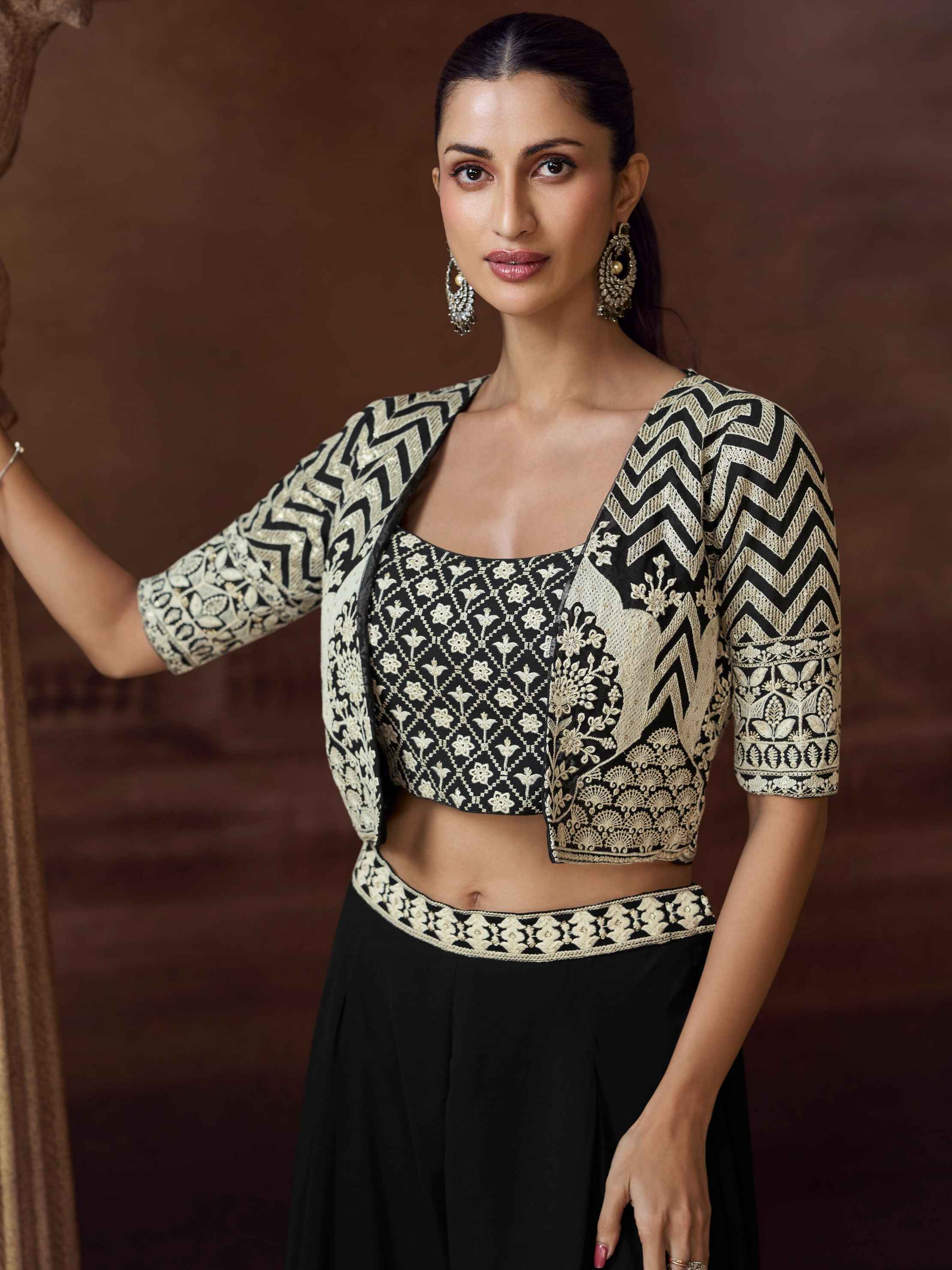 Black Chinon Silk Palazzo Suit with Embroidered Jacket Crop top palazzo set Anant Tex Exports Pvt.Ltd..