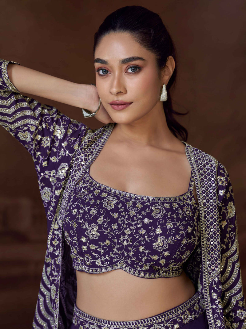 Purple Embroidered Jacket Palazzo Set