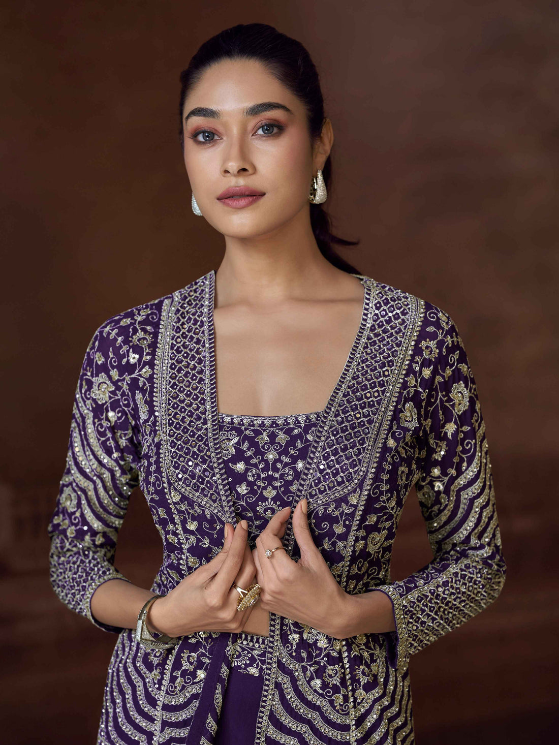 Purple Embroidered Jacket Palazzo Set