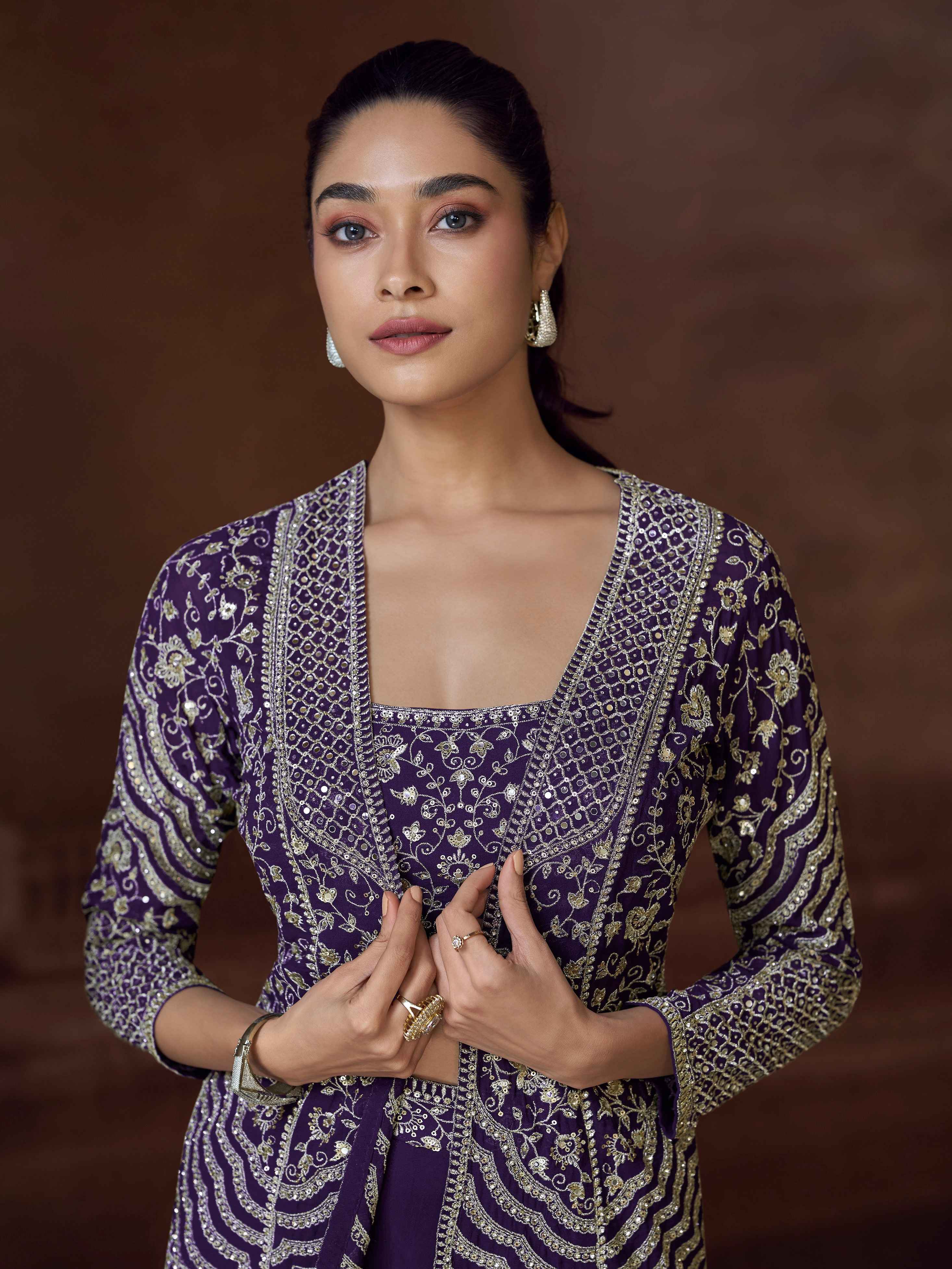 Purple Embroidered Jacket Palazzo Set