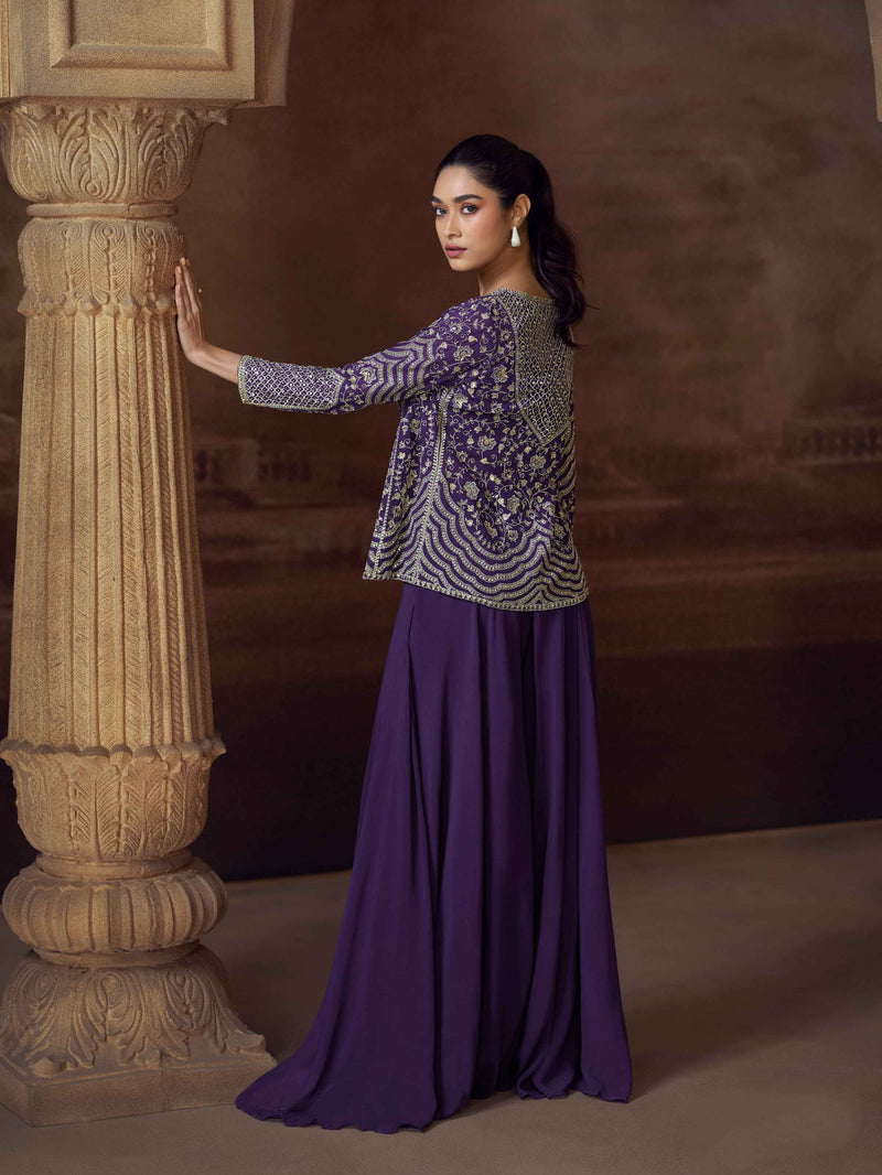 Purple Embroidered Jacket Palazzo Set