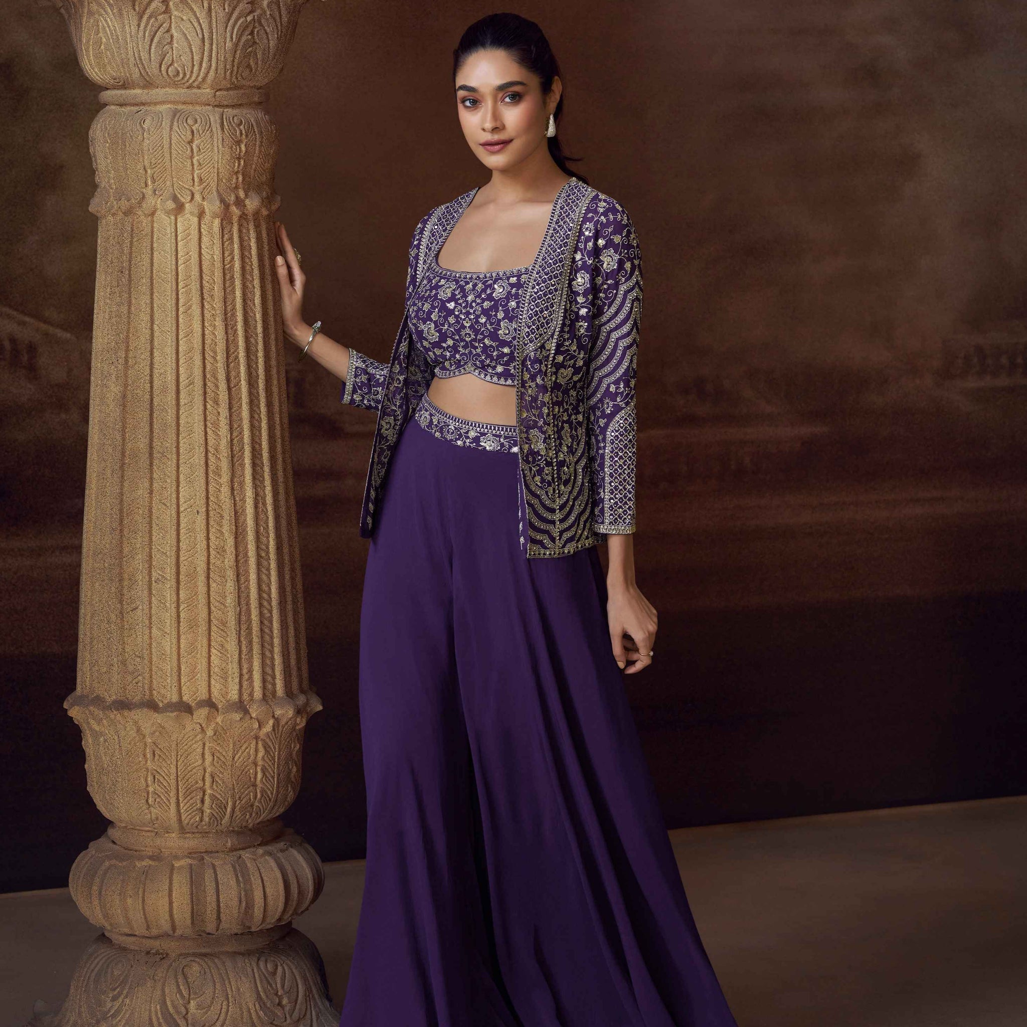 Purple Embroidered Jacket Palazzo Set