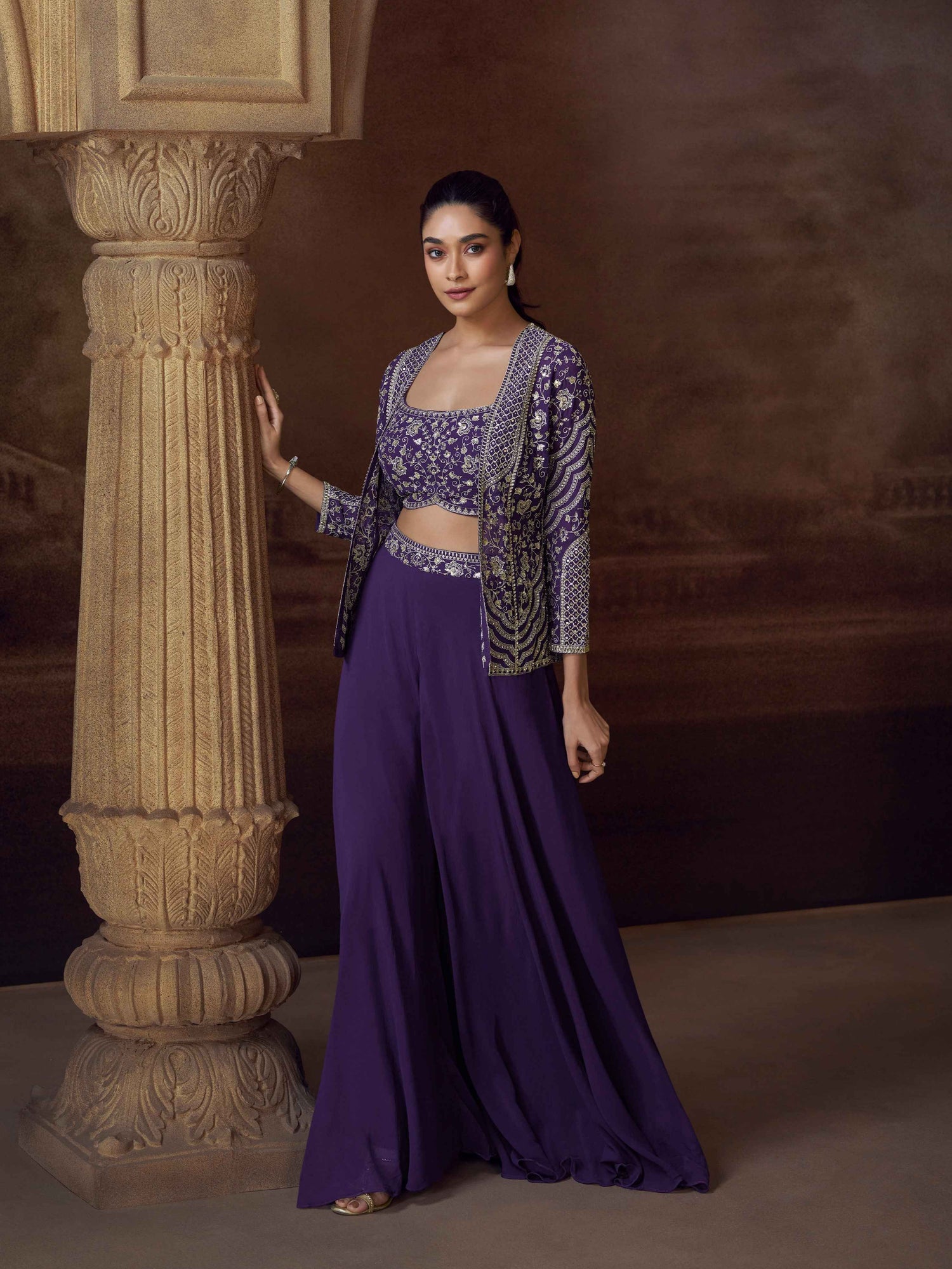 Purple Embroidered Jacket Palazzo Set Crop top palazzo set Anant Tex Exports Pvt.Ltd..