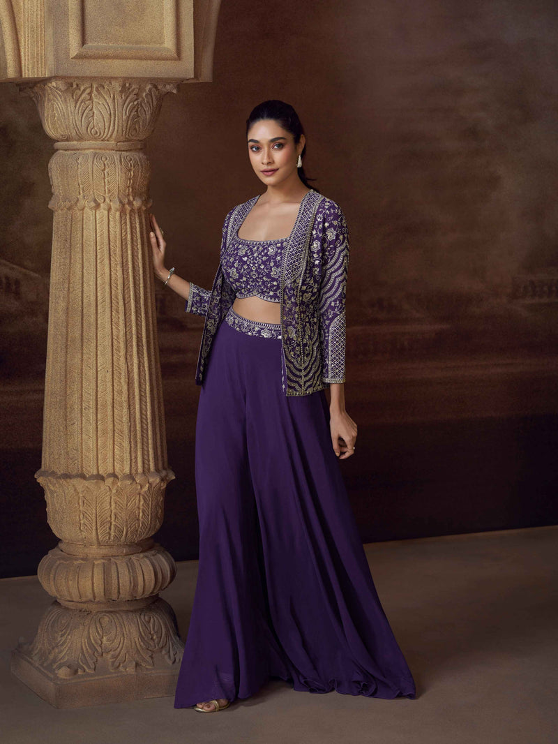 Purple Embroidered Jacket Palazzo Set
