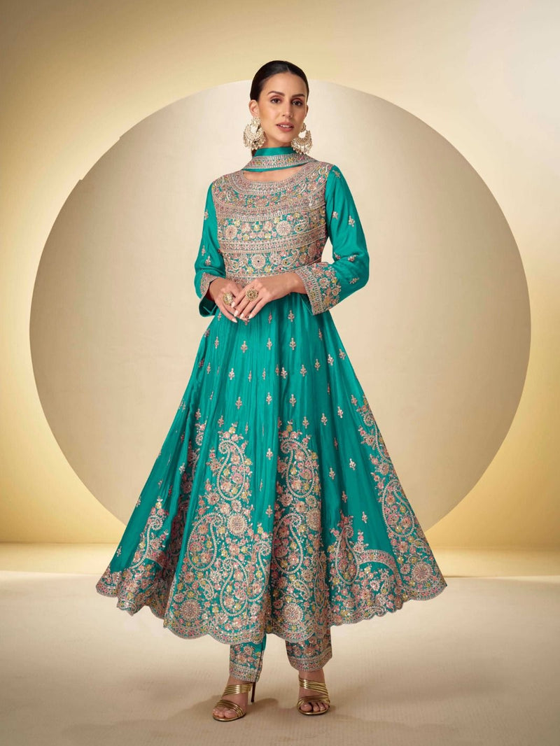 Turquoise Green Real Chinon Heavy Flair Anarkali Suit