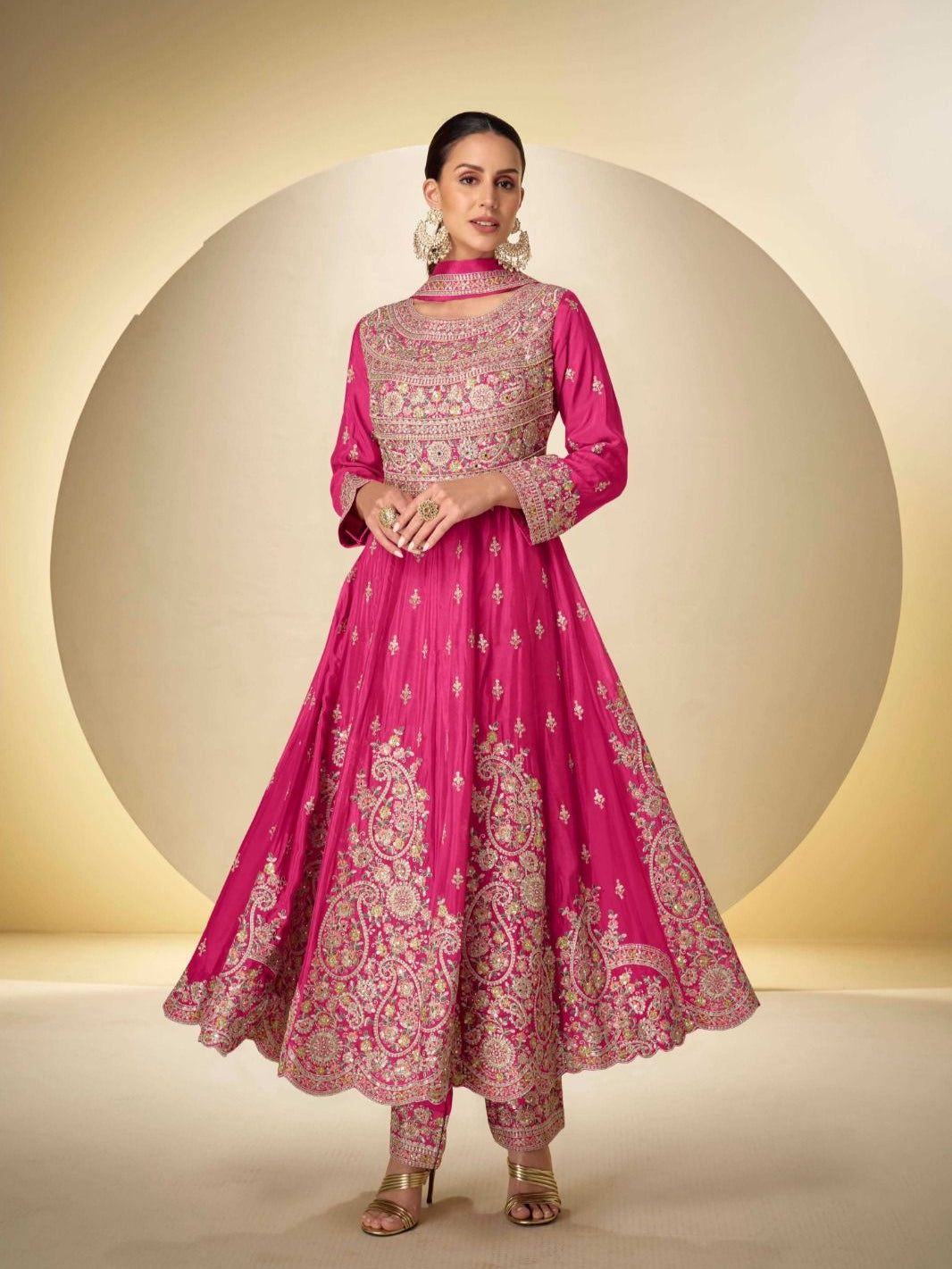 Pink Real Chinon Heavy Embroidered Anarkali Suit with Pant & Dupatta