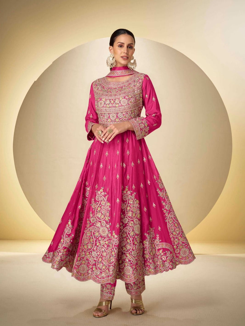 Pink Real Chinon Heavy Embroidered Anarkali Suit with Pant & Dupatta