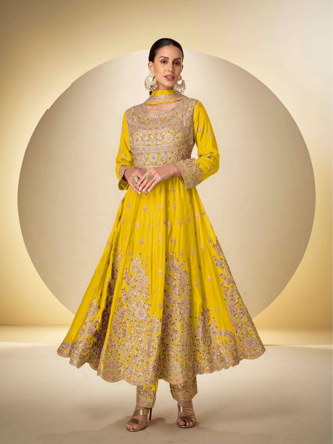 Yellow Embroidered Chinon Anarkali Suit with Matching Dupatta Anarkali Suit Anant Tex Exports Pvt.Ltd..