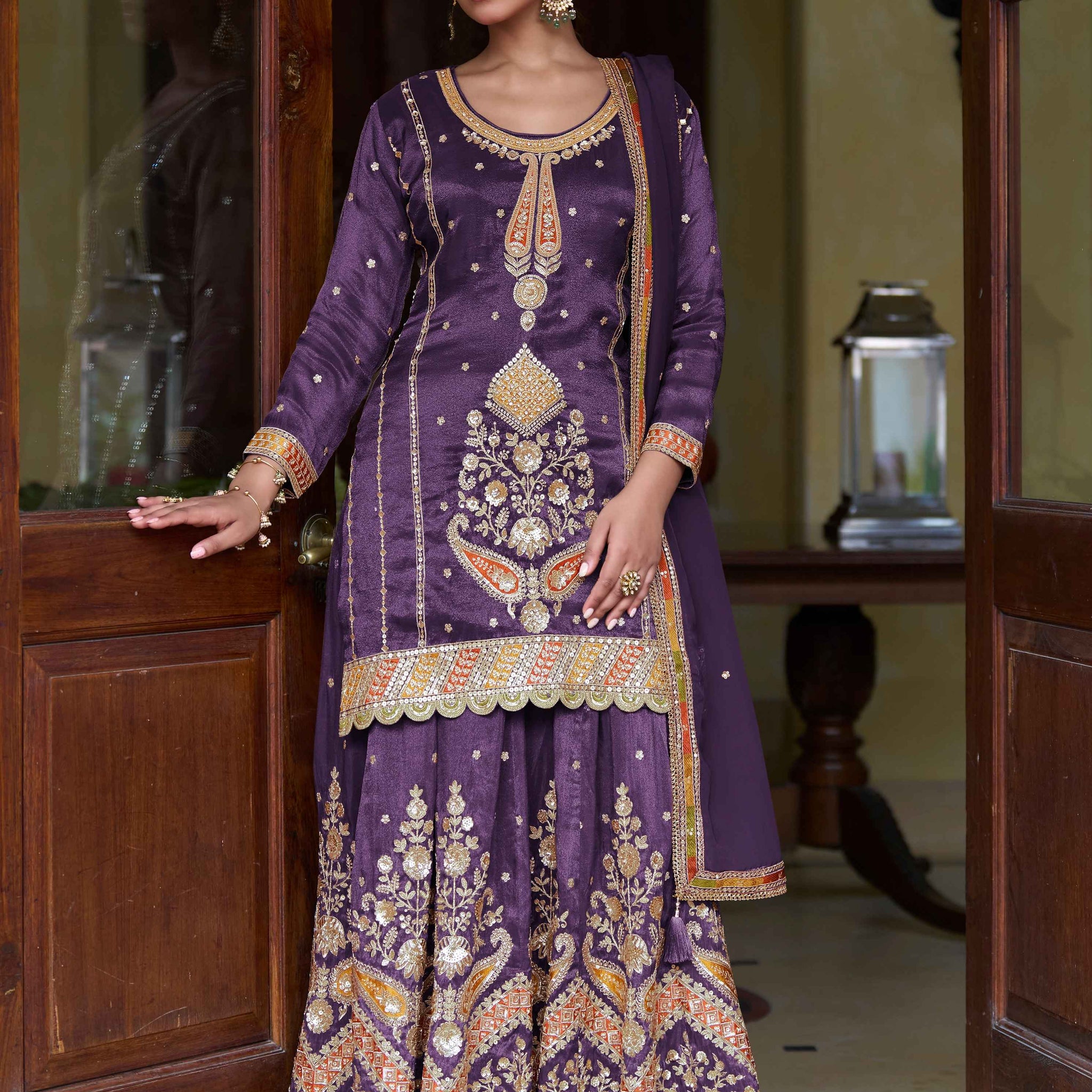 Royal Purple Embroidered Sharara Suit With Handwork
