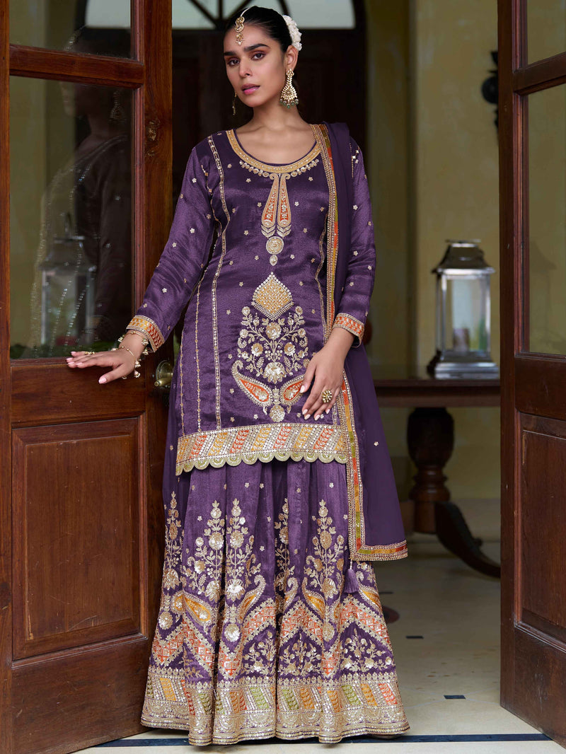 Royal Purple Embroidered Sharara Suit With Handwork
