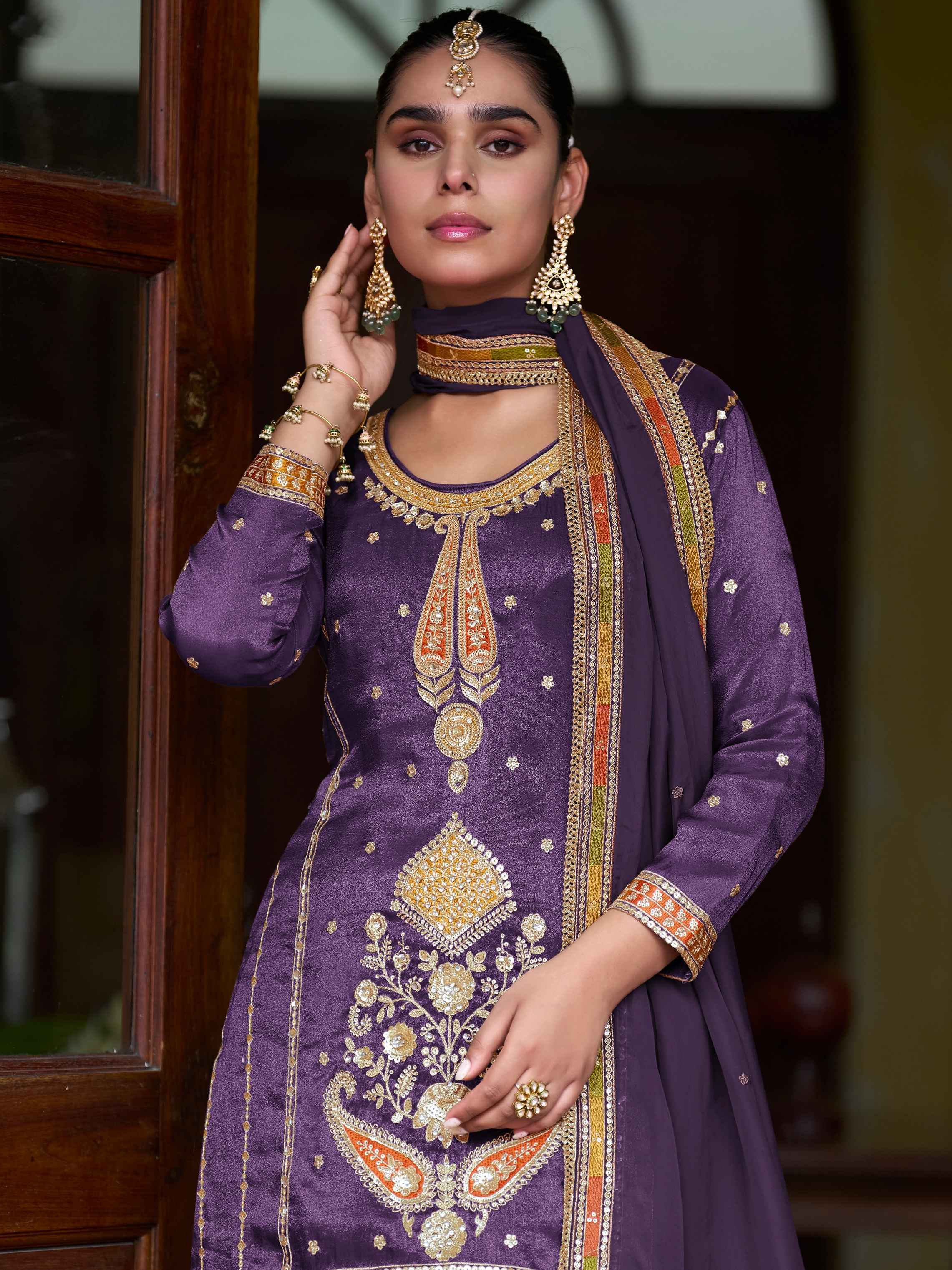 Royal Purple Embroidered Sharara Suit With Handwork