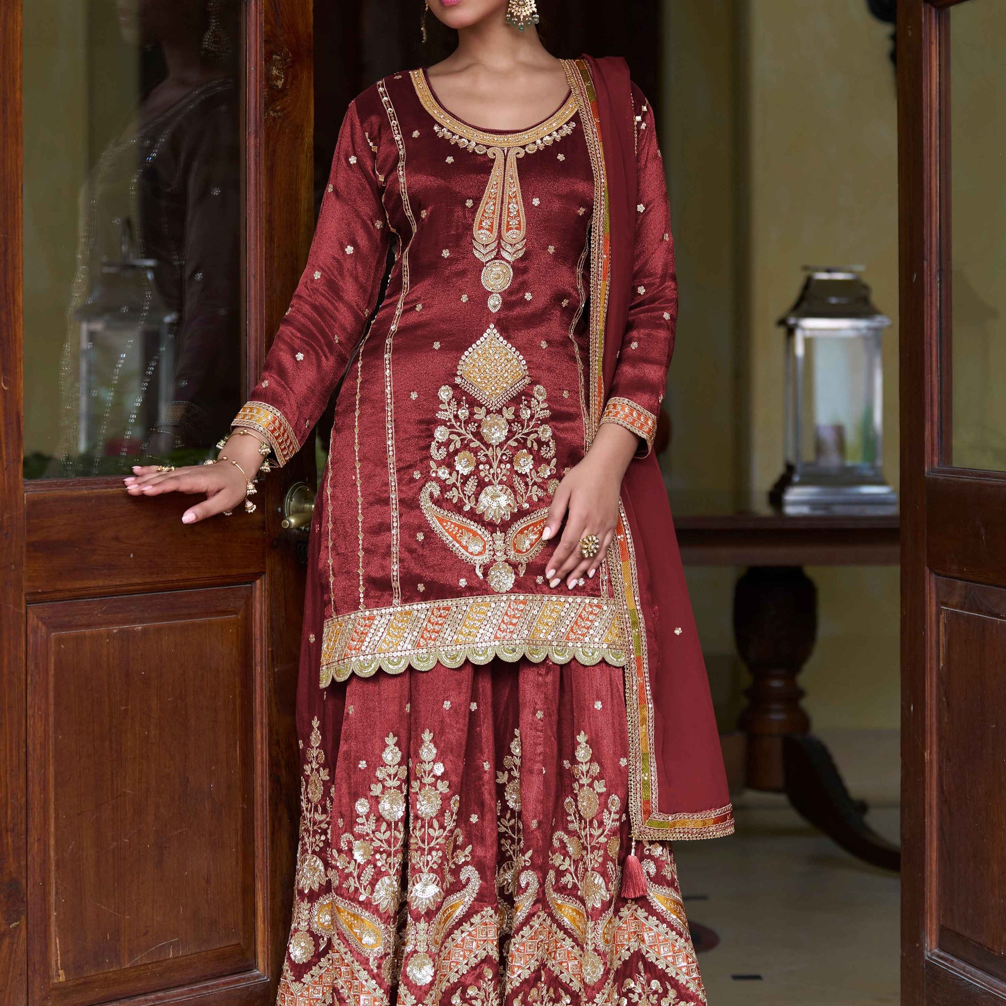 Maroon Bridal Festive Sharara Suit With Heavy Embroidery