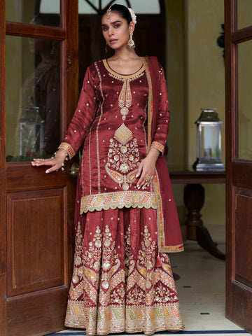 Maroon Bridal Festive Sharara Suit With Heavy Embroidery