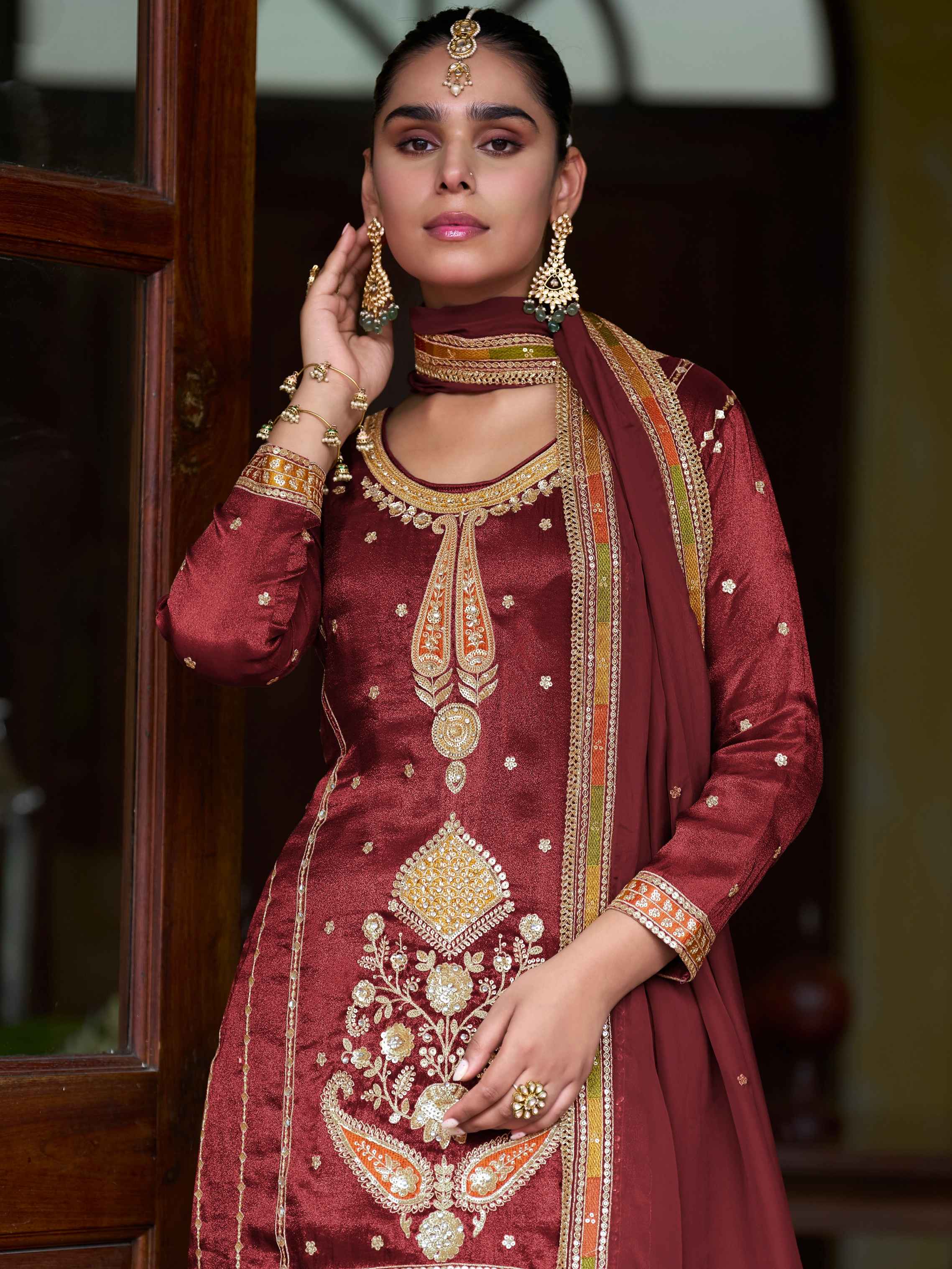 Maroon Bridal Festive Sharara Suit With Heavy Embroidery
