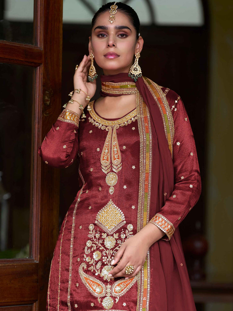 Maroon Bridal Festive Sharara Suit With Heavy Embroidery