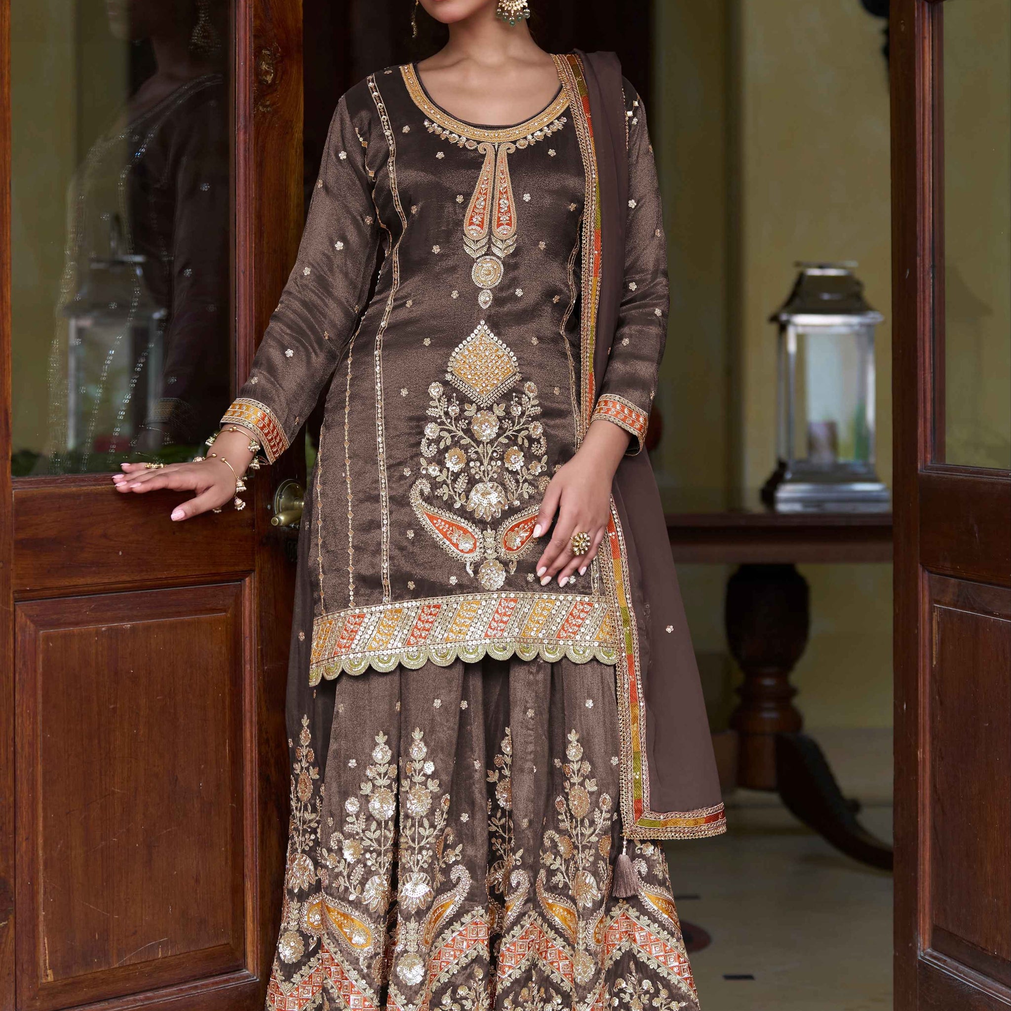 Coffee Brown Designer Sharara Suit With Dupatta