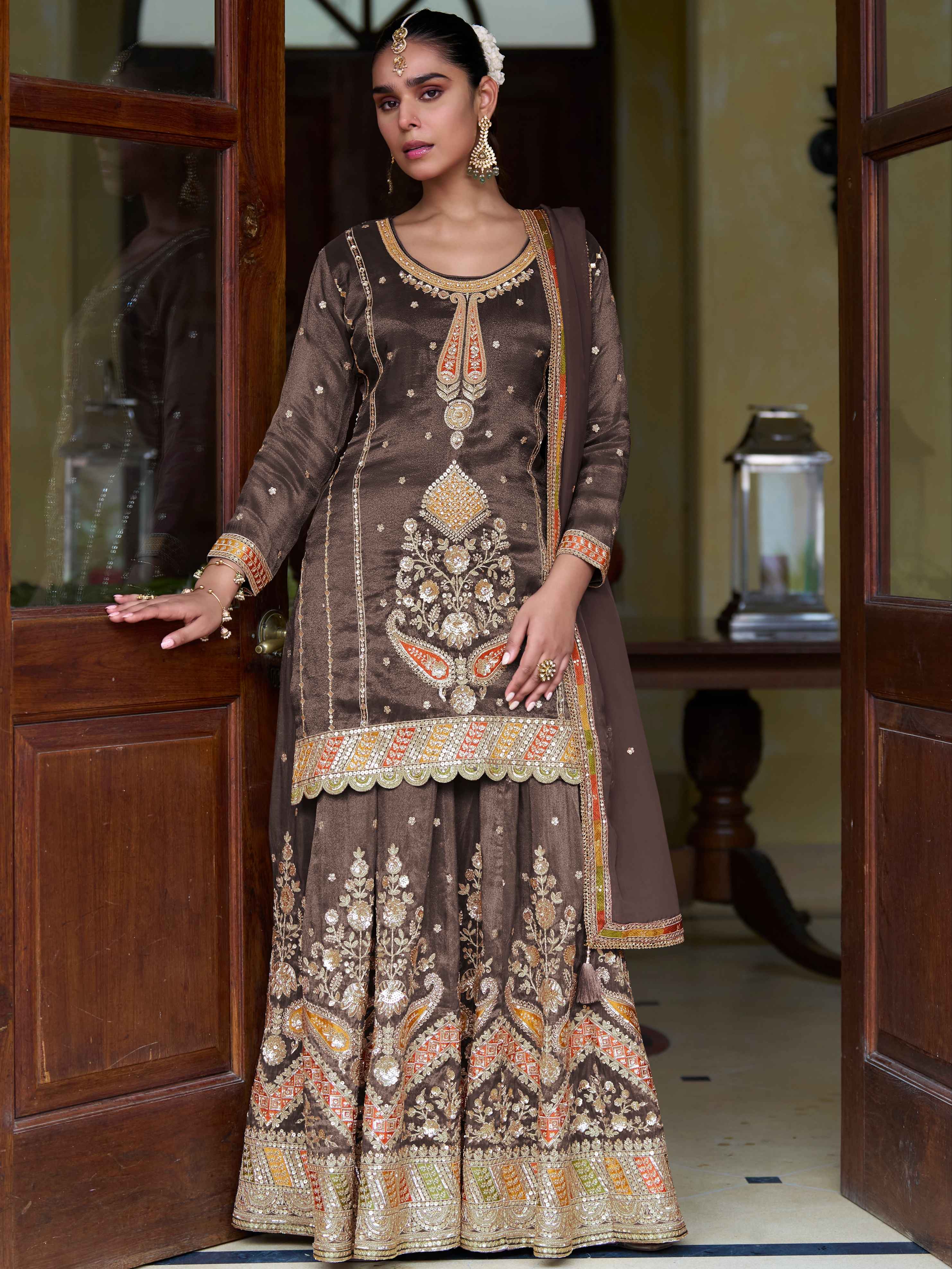 Coffee Brown Designer Sharara Suit With Dupatta