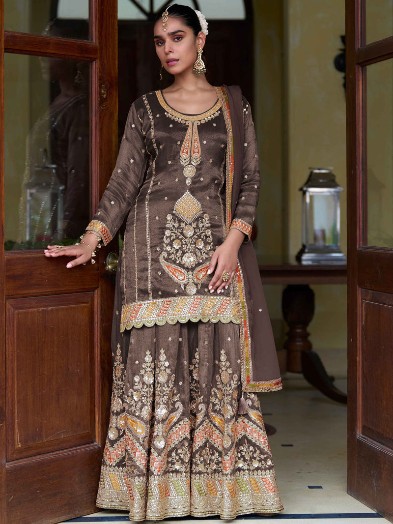 Coffee Brown Designer Sharara Suit With Dupatta