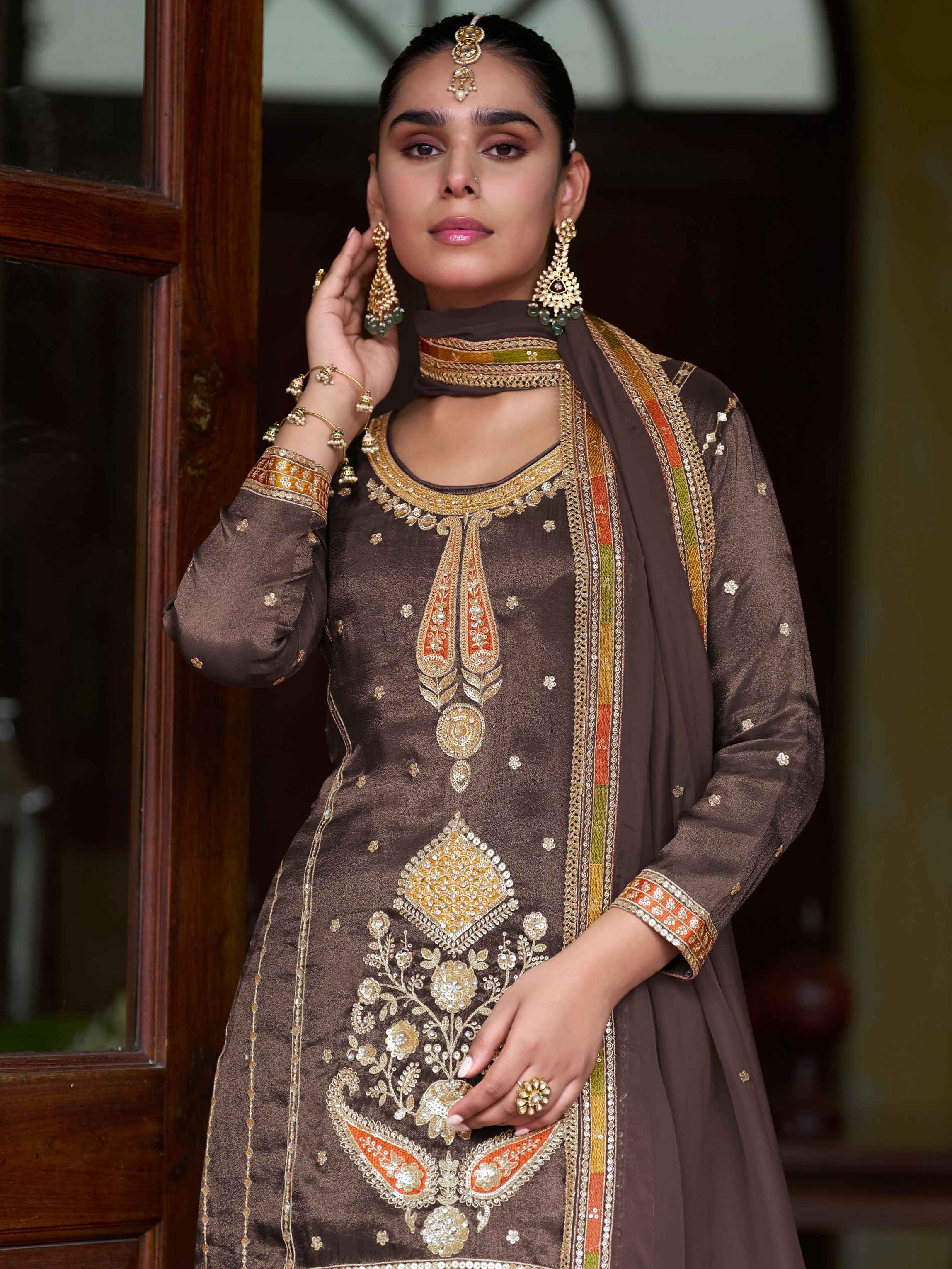 Coffee Brown Designer Sharara Suit With Dupatta