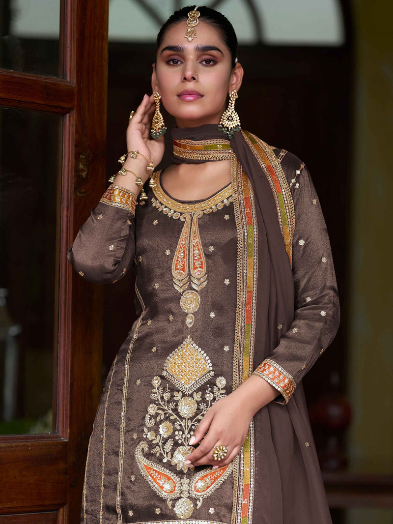 Coffee Brown Designer Sharara Suit With Dupatta
