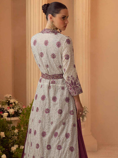 Wine Heavy Embroidered Jacket Gown Set in Premium Chinon Silk Jacket Suit Anant Tex Exports Pvt.Ltd..