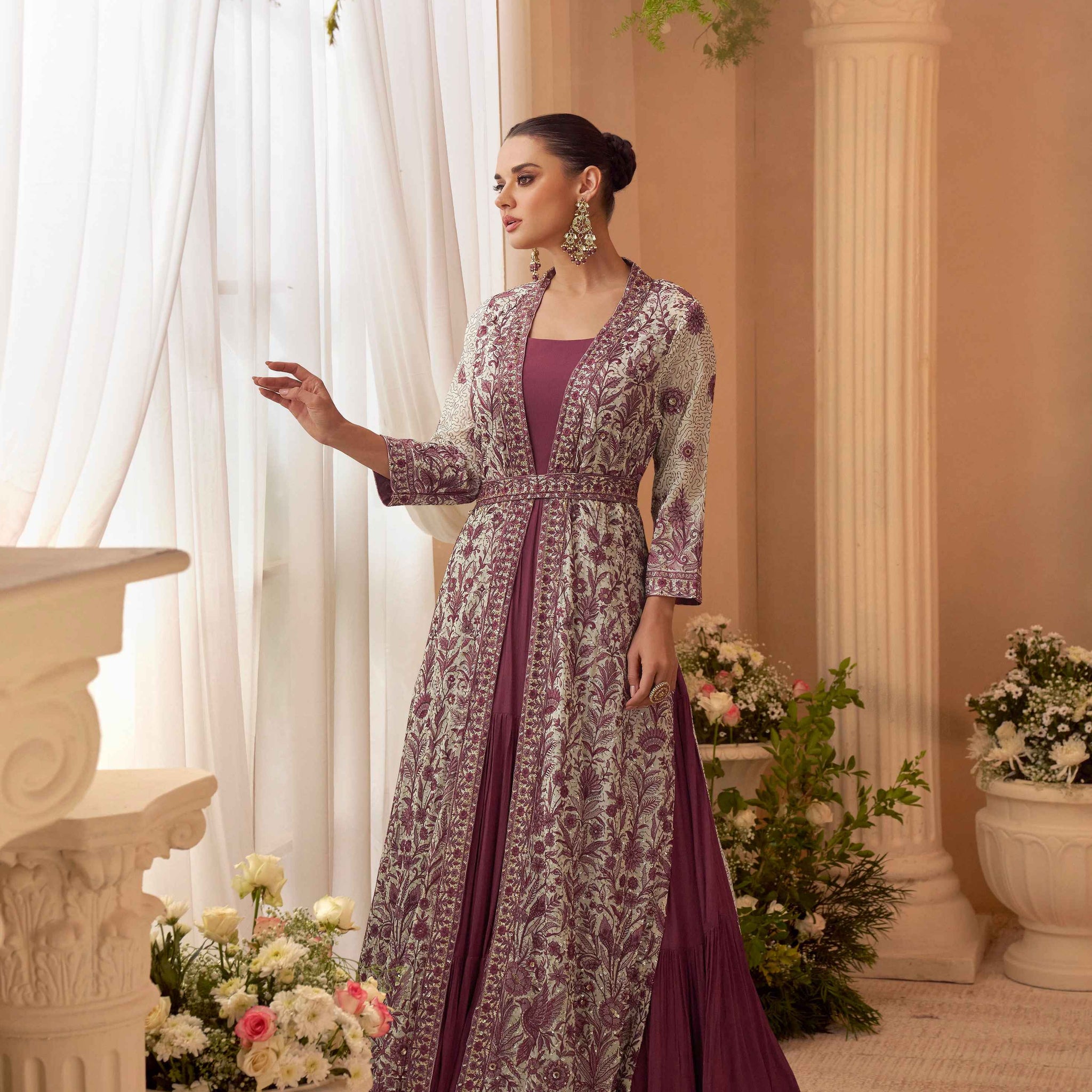 Wine Heavy Embroidered Jacket Gown Set in Premium Chinon Silk