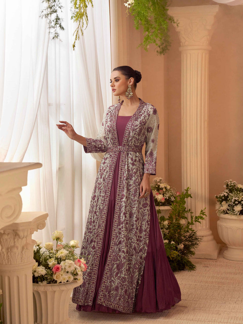 Wine Heavy Embroidered Jacket Gown Set in Premium Chinon Silk