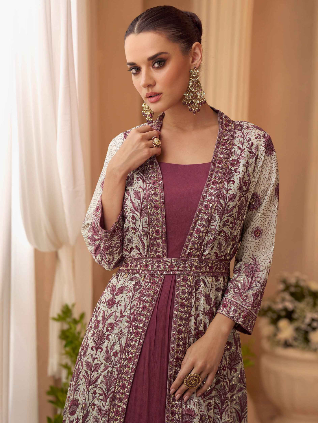 Wine Heavy Embroidered Jacket Gown Set in Premium Chinon Silk