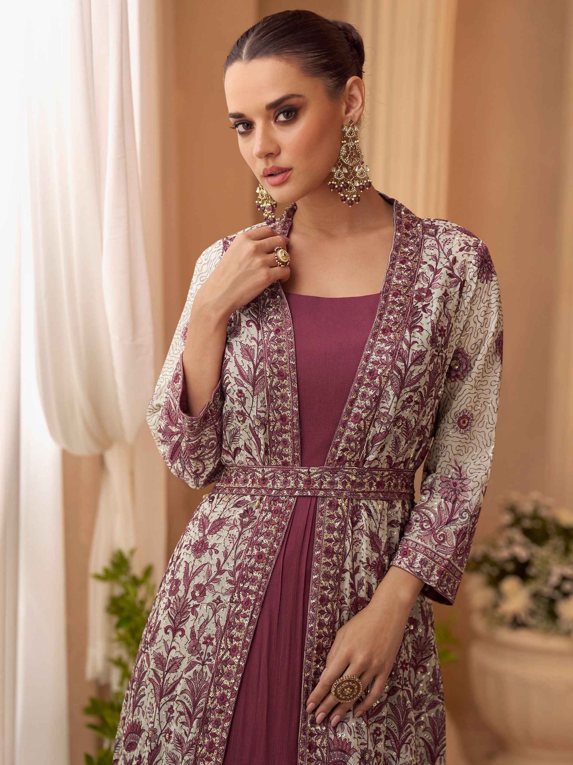 Wine Heavy Embroidered Jacket Gown Set in Premium Chinon Silk