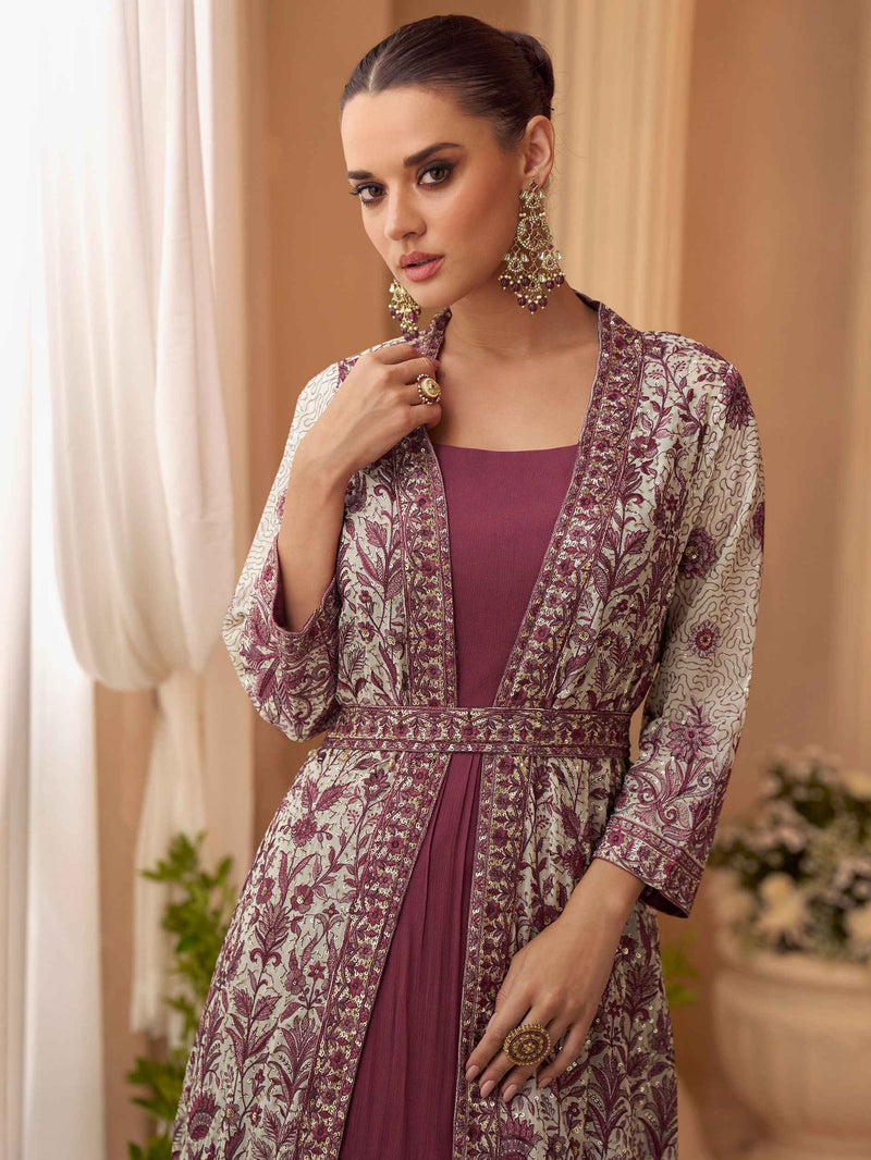 Wine Heavy Embroidered Jacket Gown Set in Premium Chinon Silk
