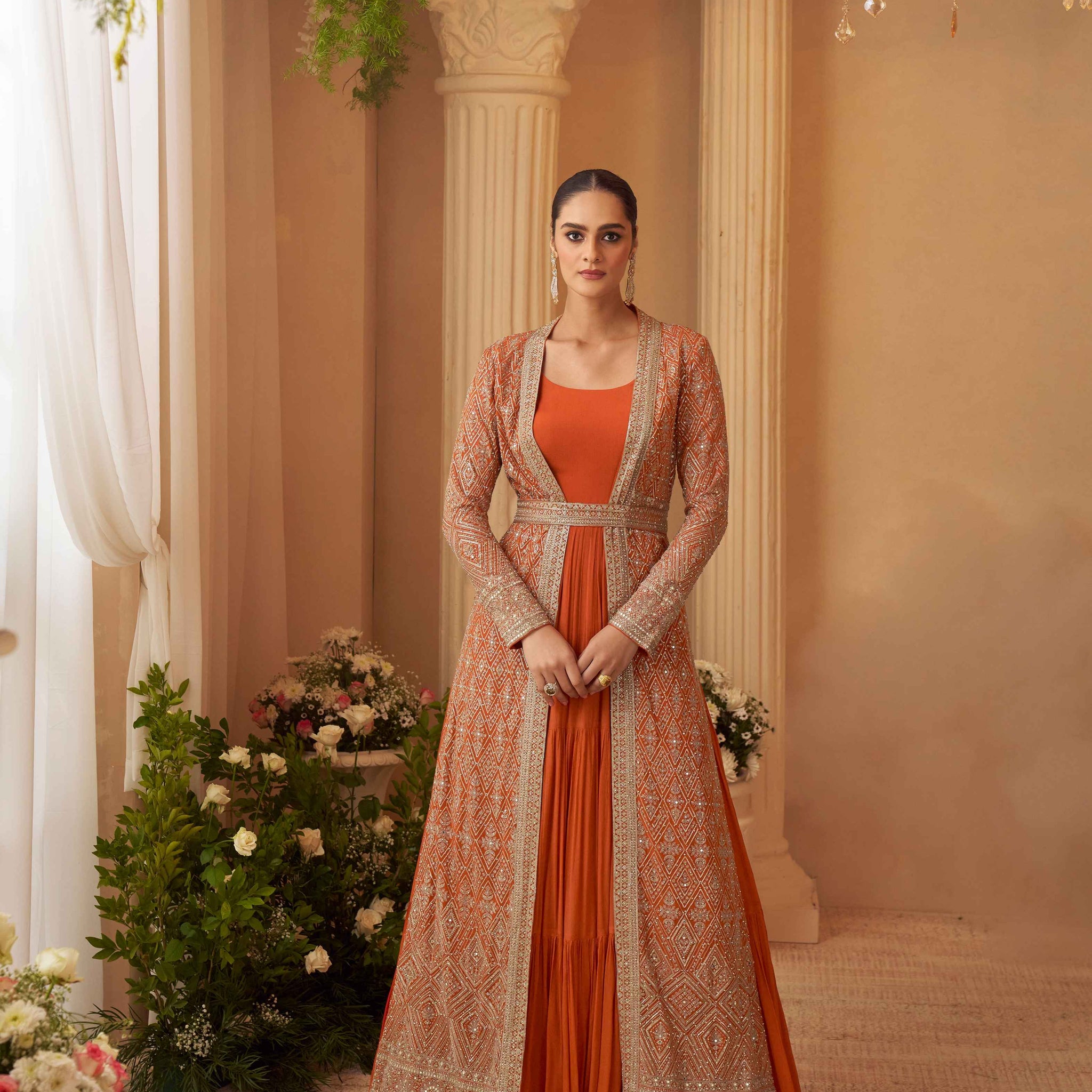 Rust Designer Embroidered Long Jacket Gown Set