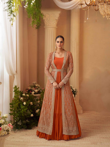 Rust Designer Embroidered Long Jacket Gown Set