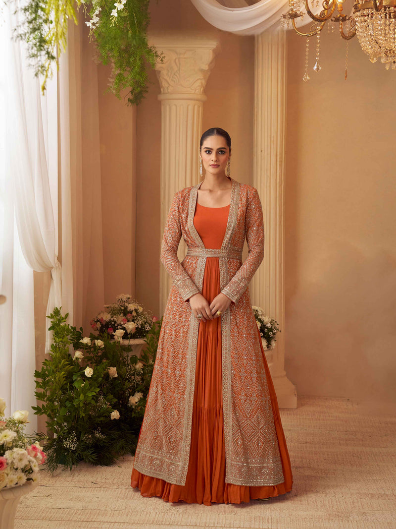 Rust Designer Embroidered Long Jacket Gown Set