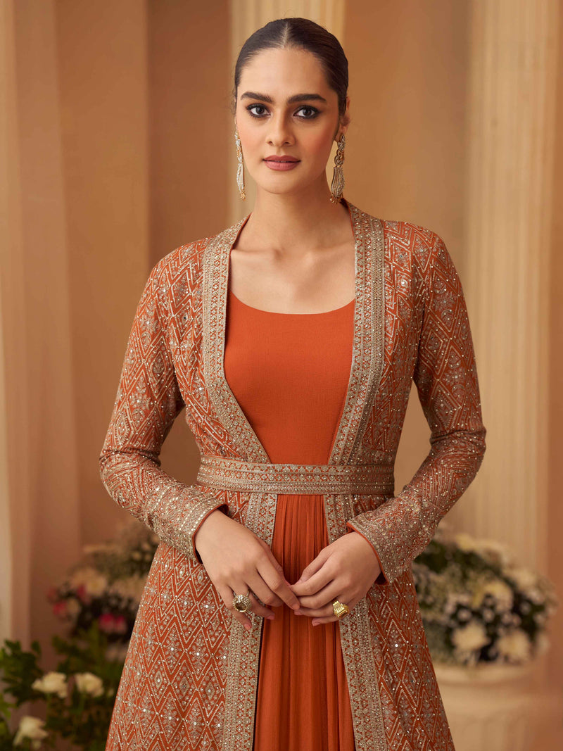 Rust Designer Embroidered Long Jacket Gown Set
