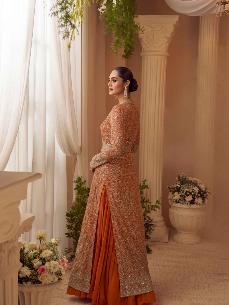 Rust Designer Embroidered Long Jacket Gown Set