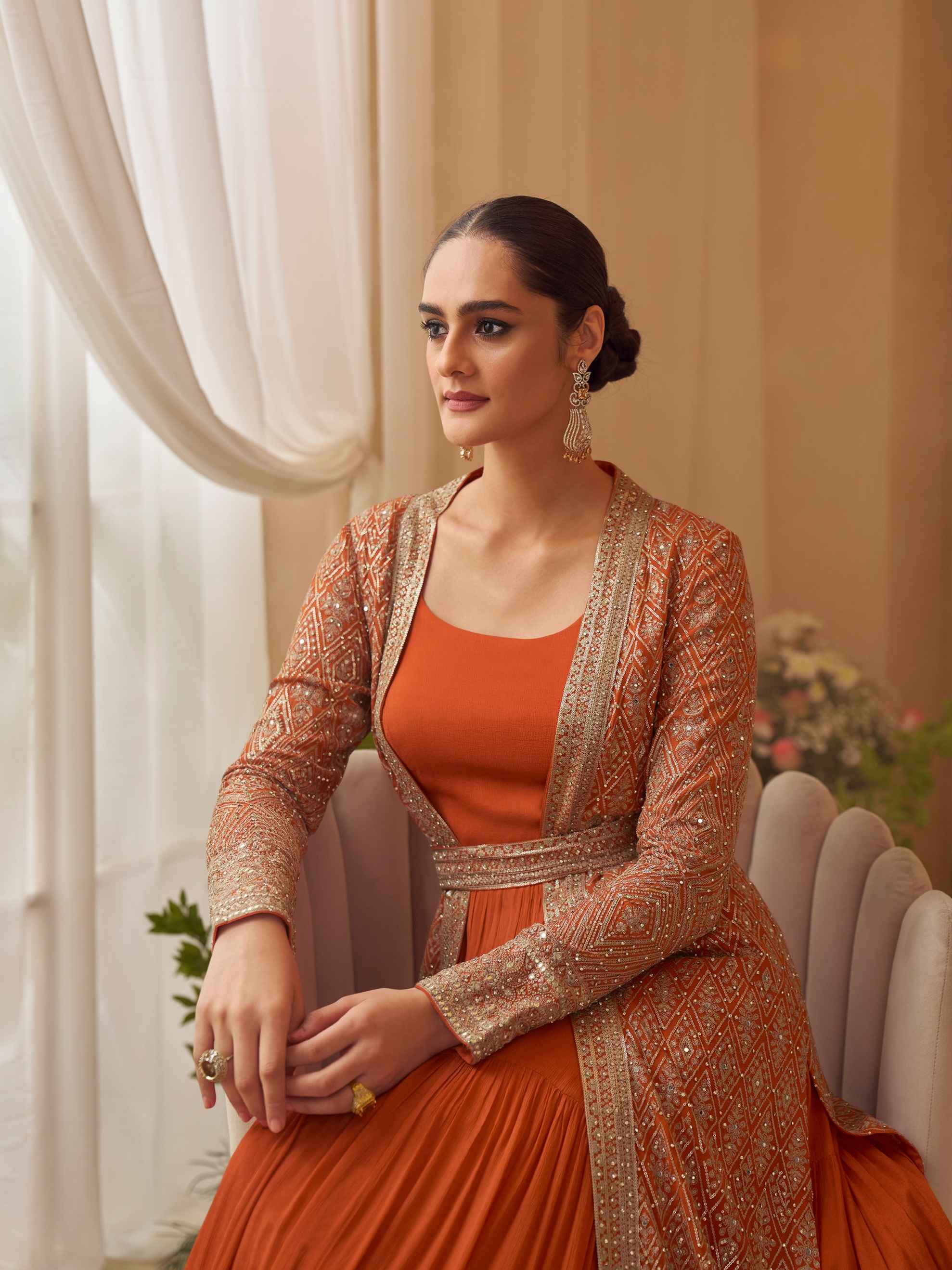 Rust Designer Embroidered Long Jacket Gown Set