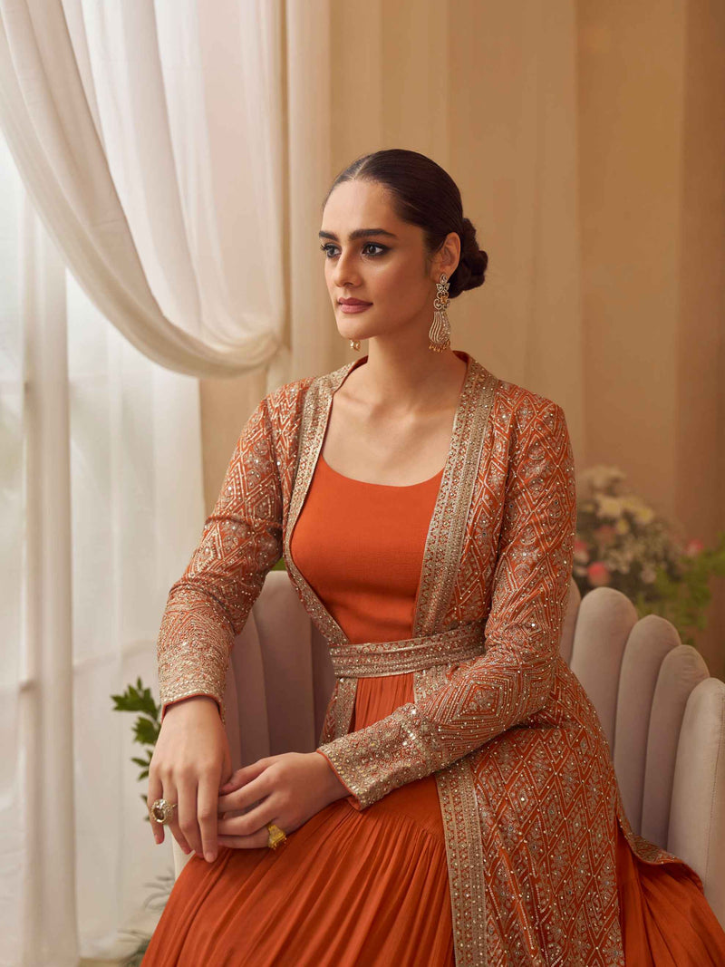 Rust Designer Embroidered Long Jacket Gown Set