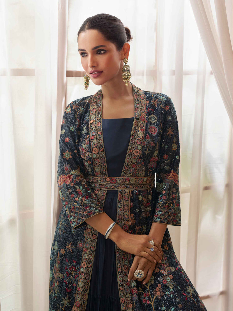 Navy Floral Embroidered Jacket Style Gown Set