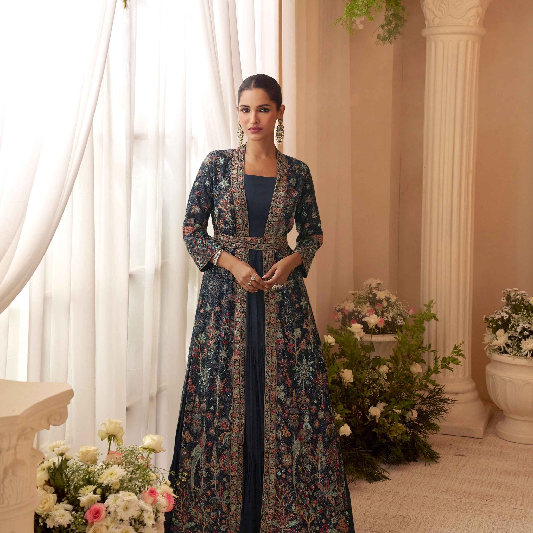 Navy Floral Embroidered Jacket Style Gown Set