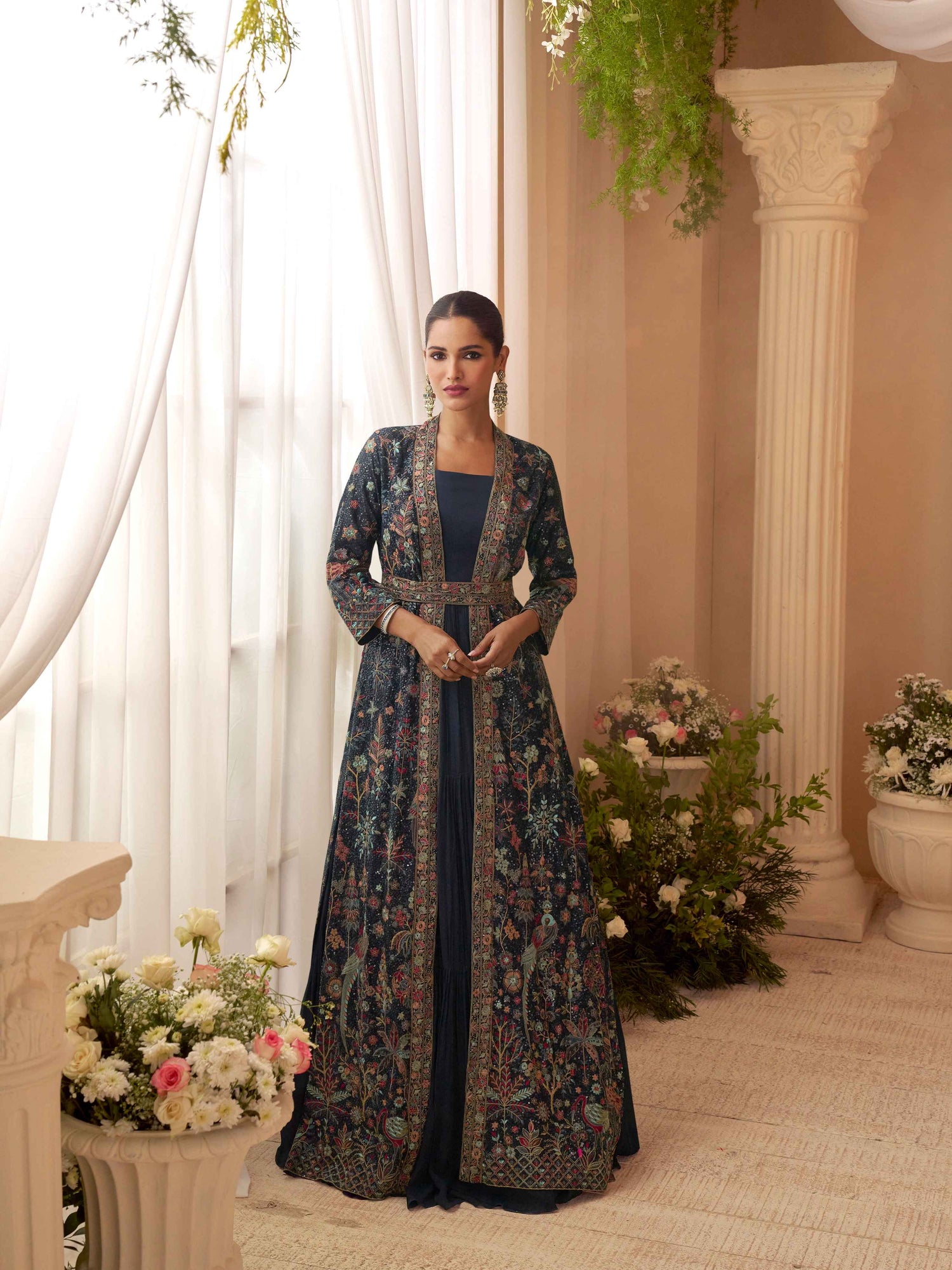 Navy Floral Embroidered Jacket Style Gown Set Jacket Suit Anant Tex Exports Pvt.Ltd..