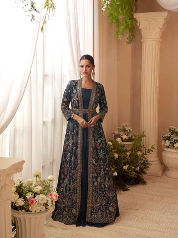 Navy Floral Embroidered Jacket Style Gown Set