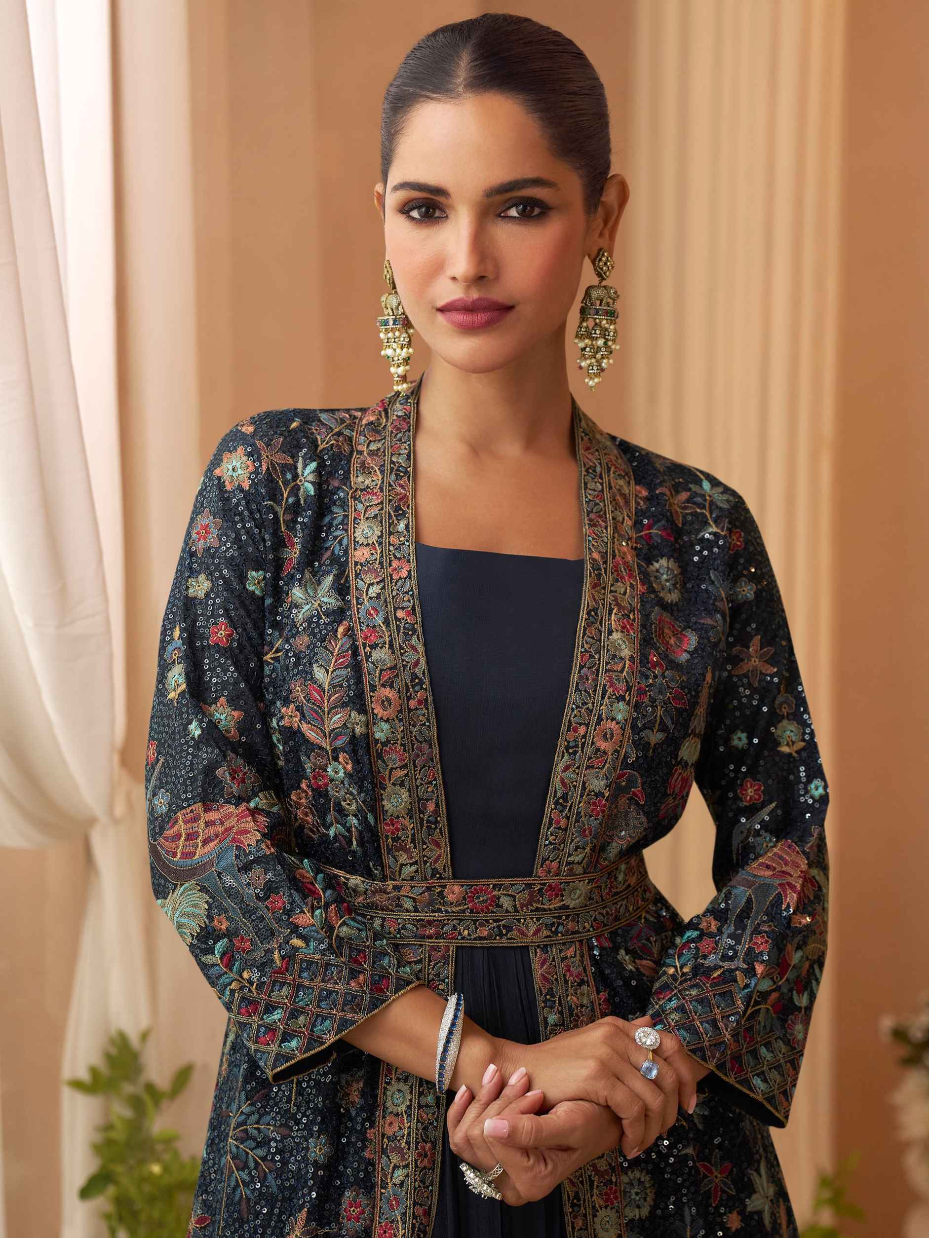Navy Floral Embroidered Jacket Style Gown Set