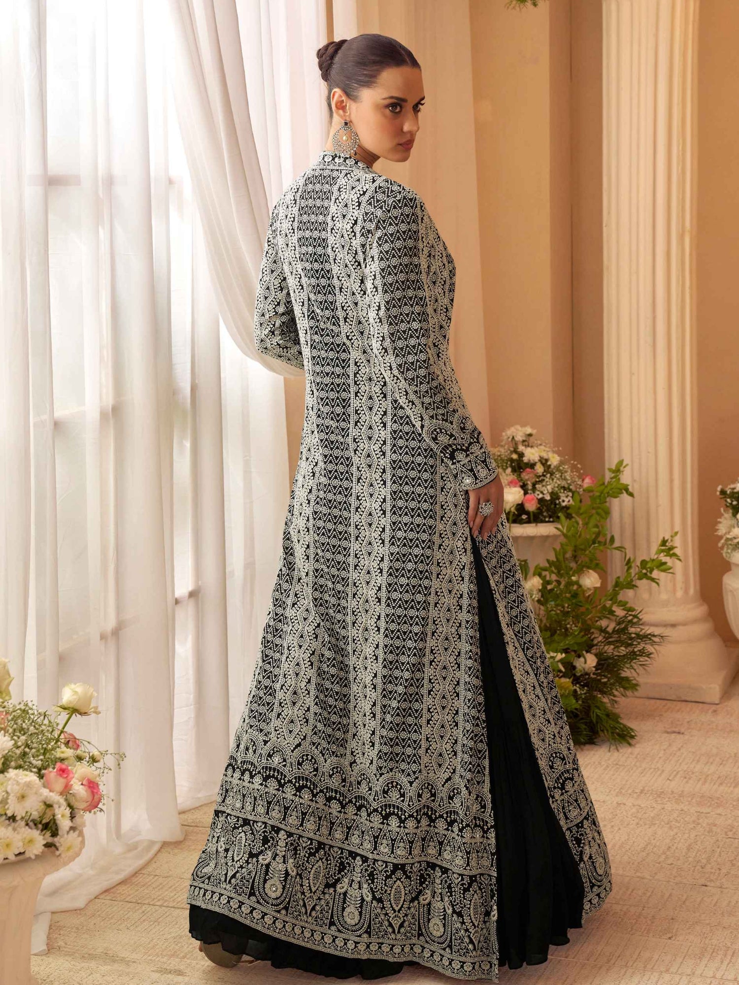 Black Gown with White Intricate Embroidered Jacket Set Jacket Suit Anant Tex Exports Pvt.Ltd..