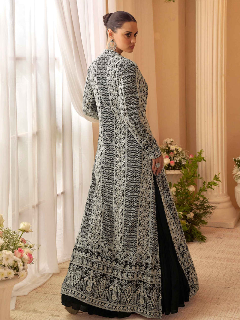 Black Gown with White Intricate Embroidered Jacket Set