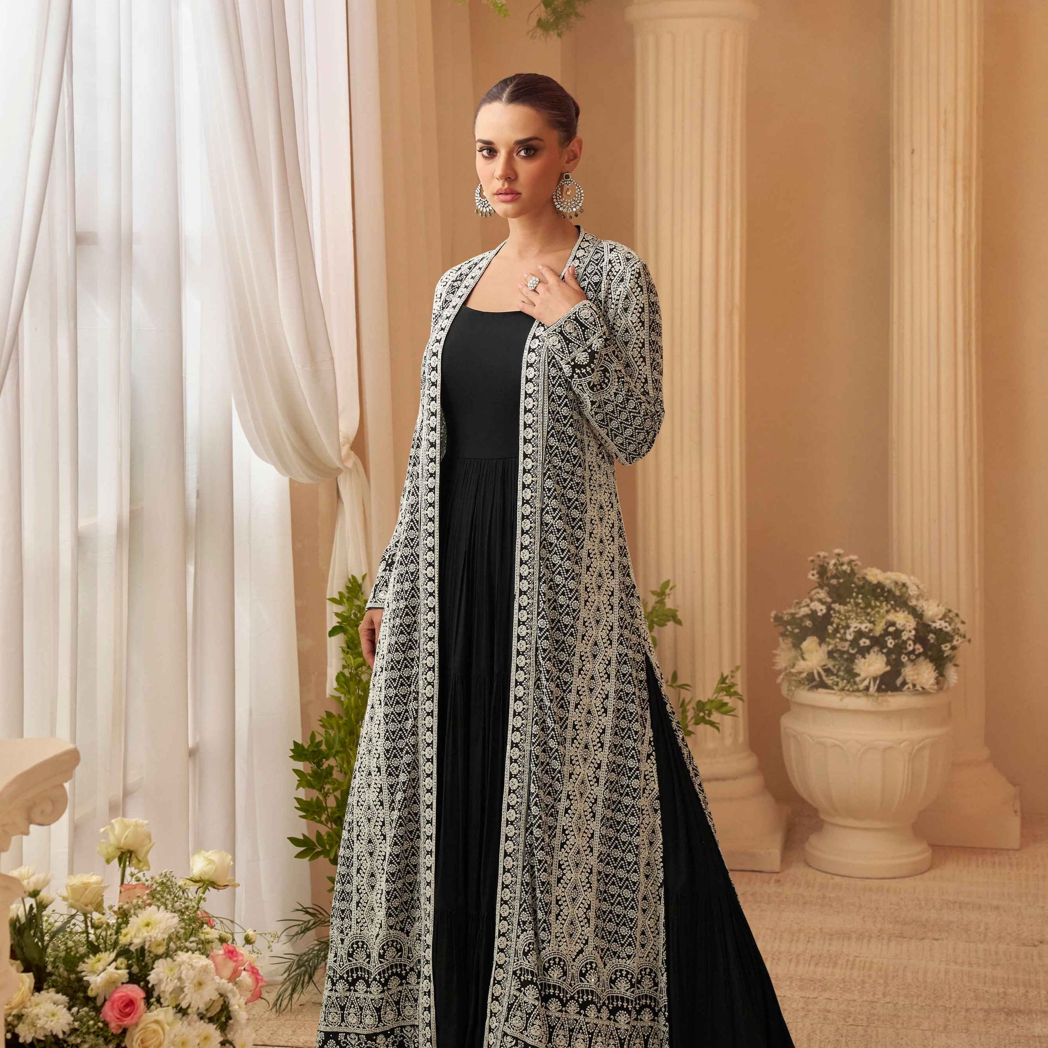 Black Gown with White Intricate Embroidered Jacket Set