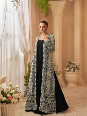 Black Gown with White Intricate Embroidered Jacket Set